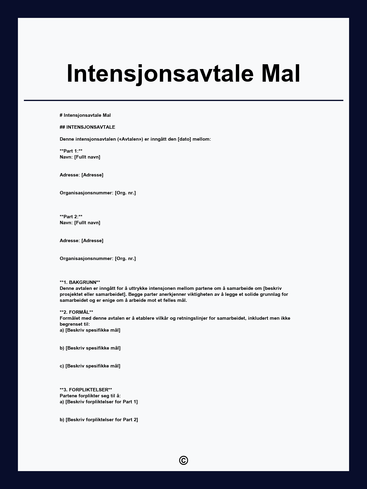 Intensjonsavtale Mal
